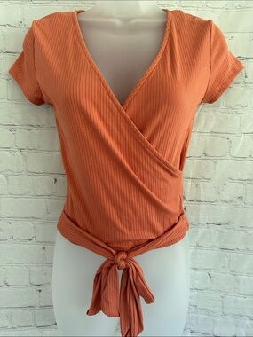 YMI NWT Ribbed Faux Wrap Tie-Front Top - Orange size S